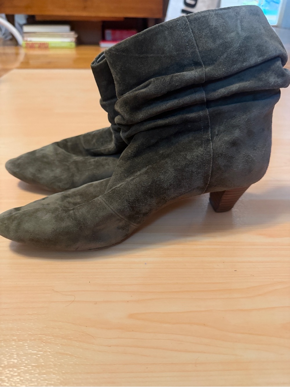 Suede Slouch Ankle Booties in Olive